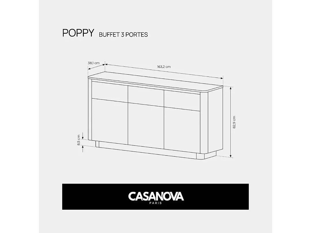 POPPY - Buffet 3 portes 163cmeffet chêne Cremona et noir - Chêne clair