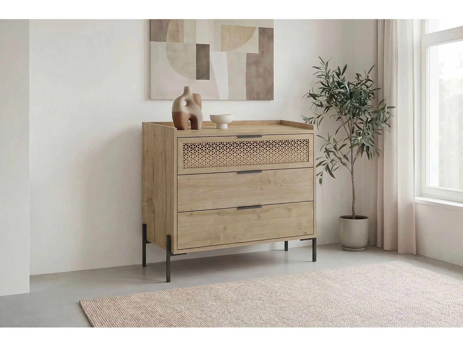 STERA - Commode 3 tiroirs 94cm en mélamine - Chêne clair