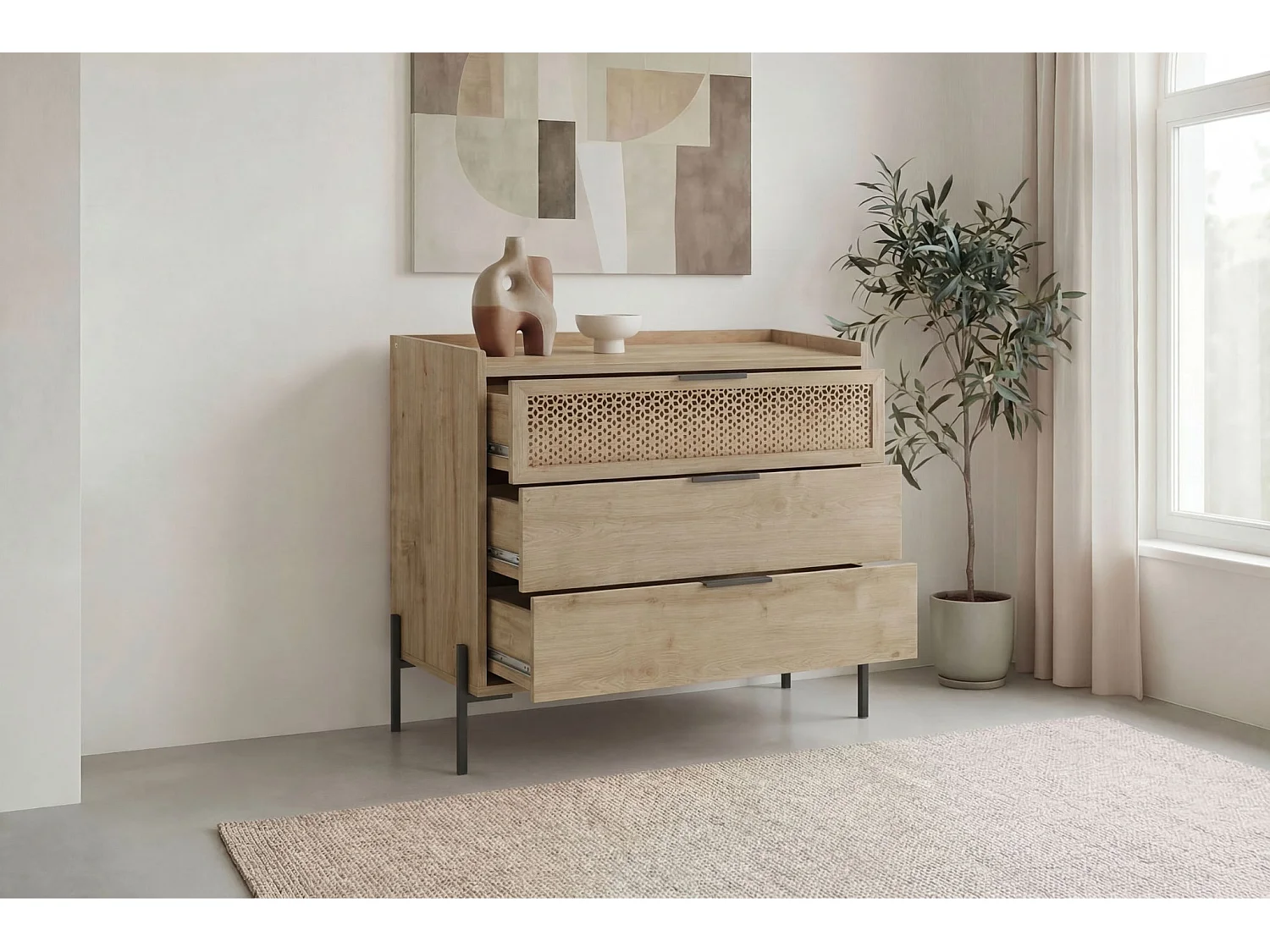 STERA - Commode 3 tiroirs 94cm en mélamine - Chêne clair
