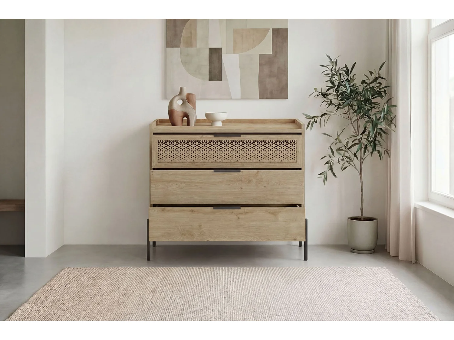 STERA - Commode 3 tiroirs 94cm en mélamine - Chêne clair