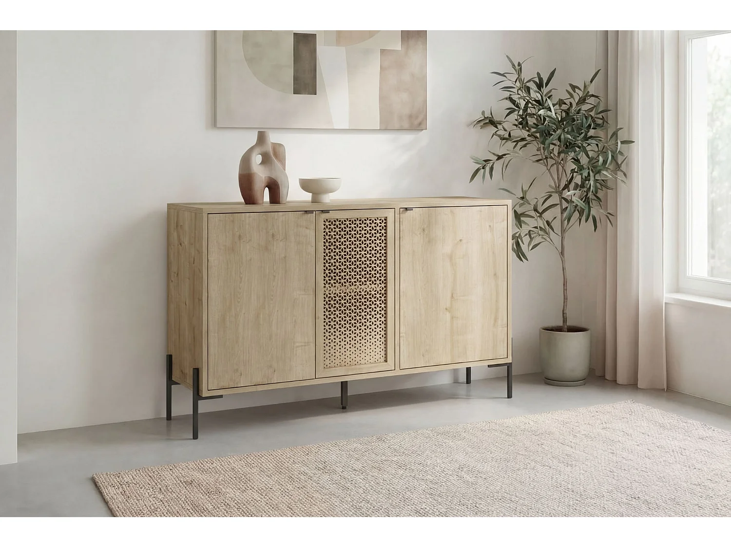 STERA - Buffet 3 portes 125cm en mélamine - Chêne clair