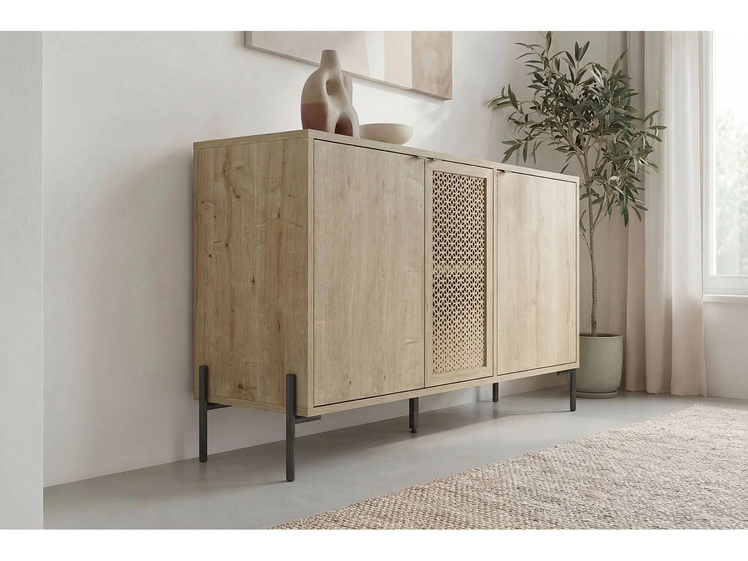 STERA - Buffet 3 portes 125cm en mélamine - Chêne clair
