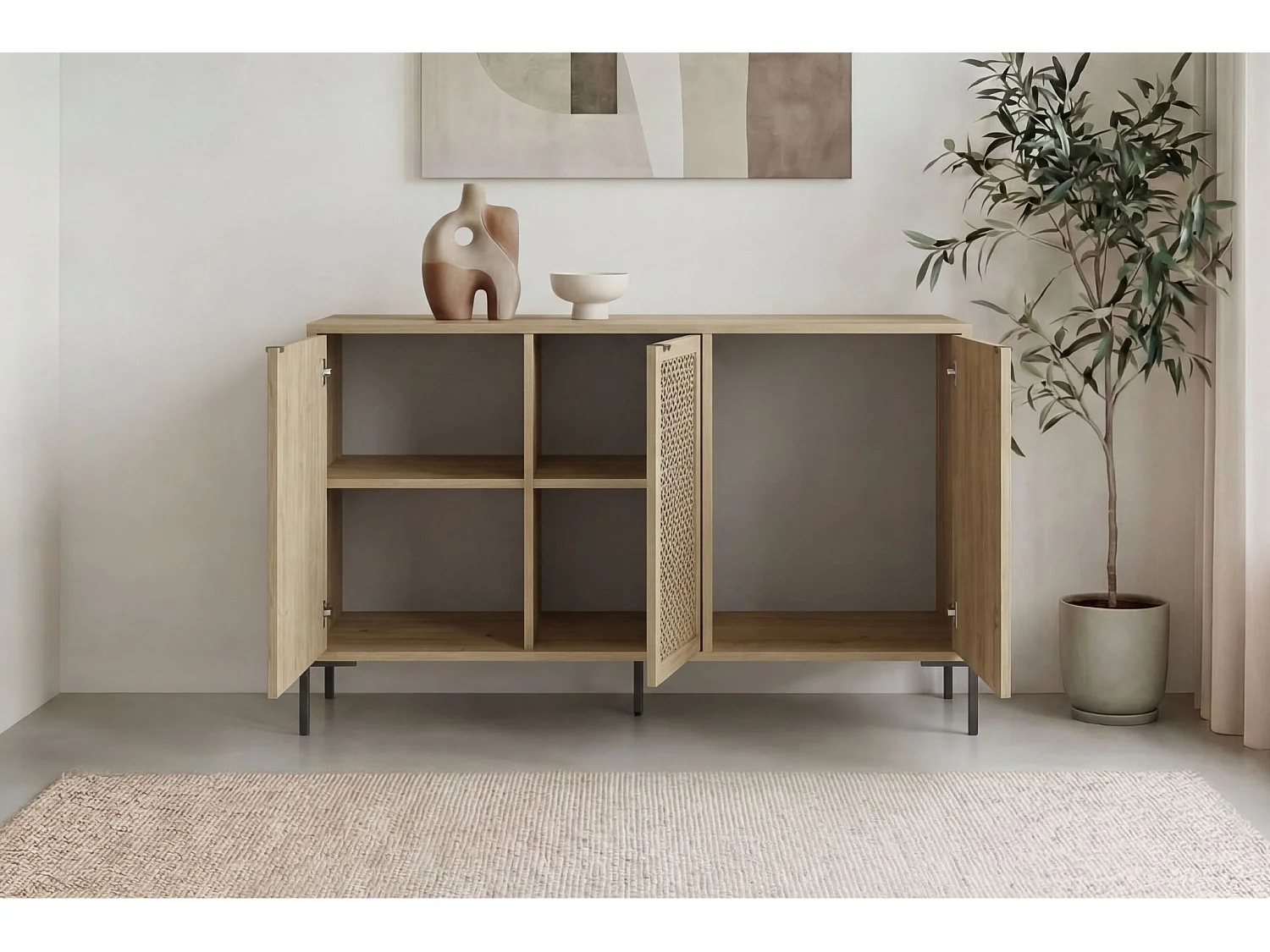 STERA - Buffet 3 portes 125cm en mélamine - Chêne clair
