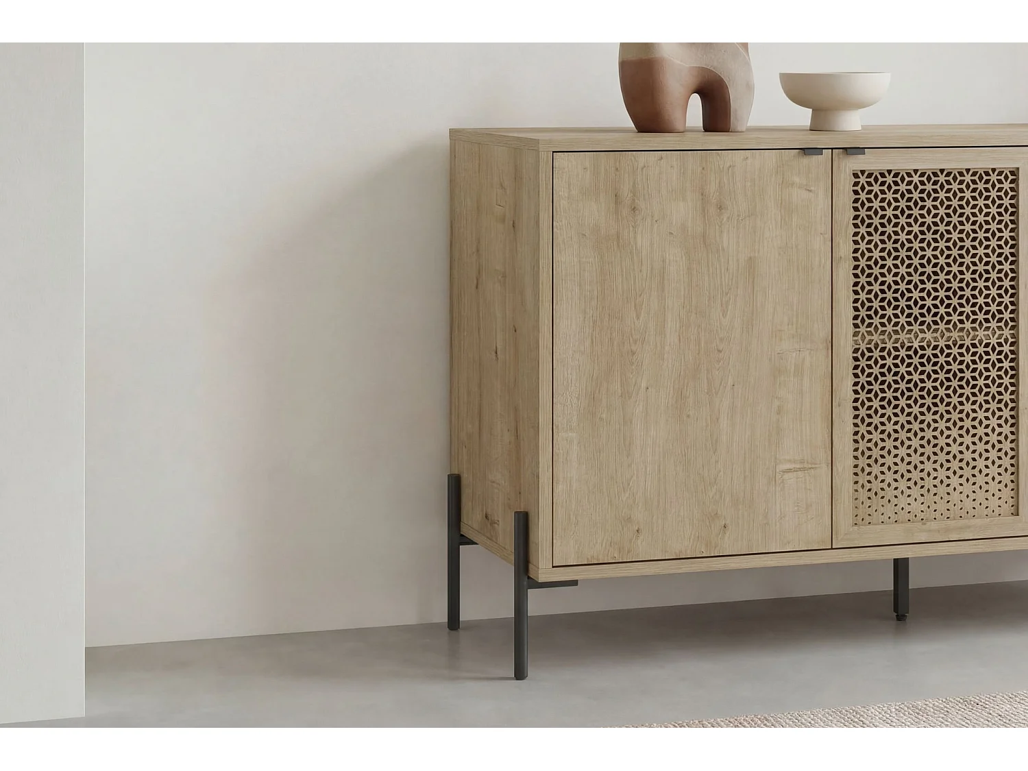 STERA - Buffet 3 portes 125cm en mélamine - Chêne clair