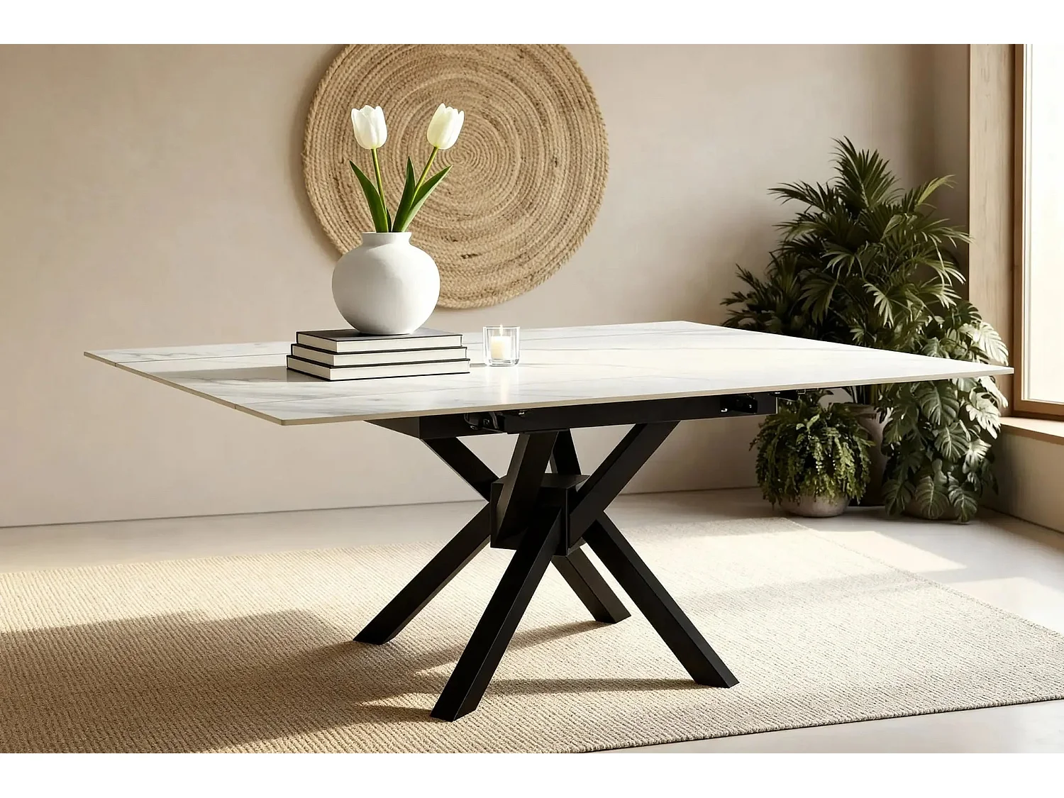 HALO - Table à manger extensible 90 à 150cm en pierre frittée - Blanc