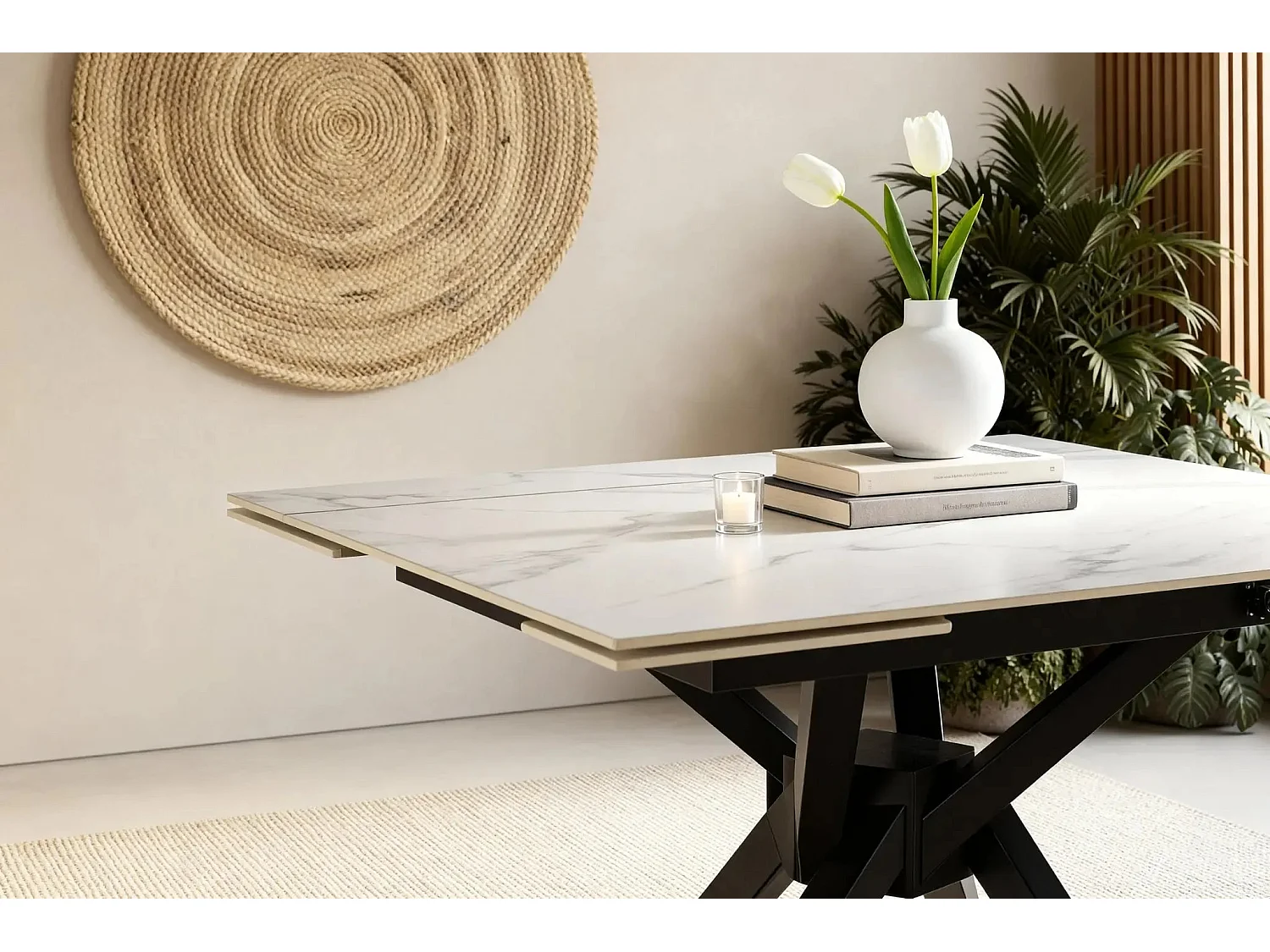 HALO - Table à manger extensible 90 à 150cm en pierre frittée - Blanc