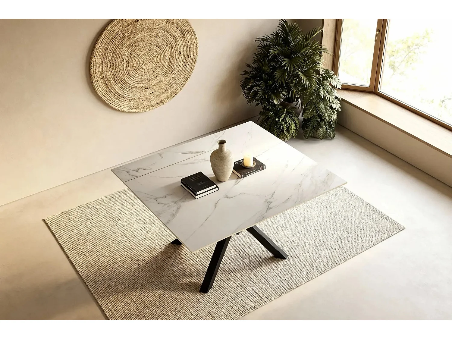 HALO - Table à manger extensible 90 à 150cm en pierre frittée - Blanc