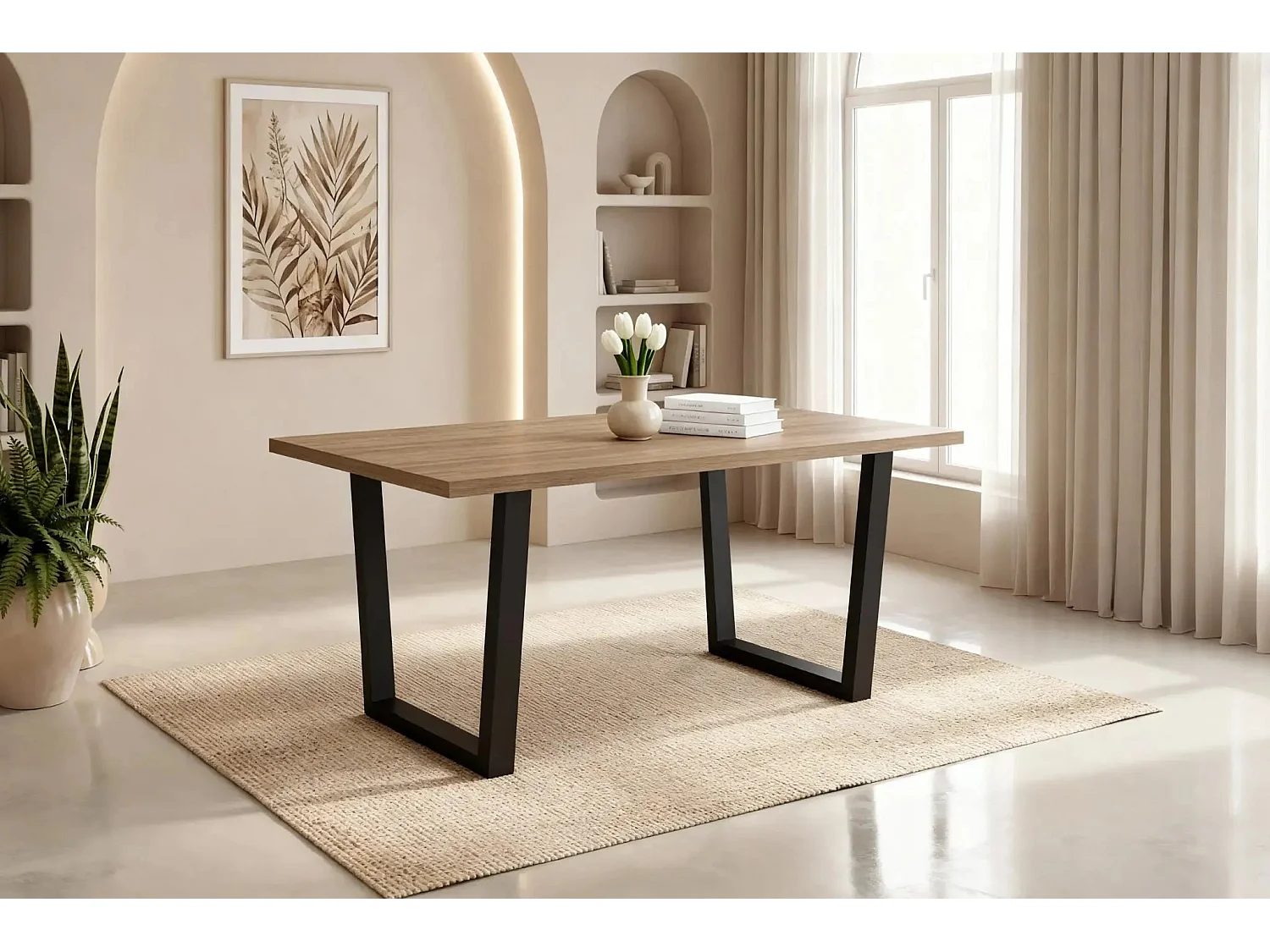 NEVA - Table à manger rectangulaire 180cmpieds en métal noir - Chêne clair