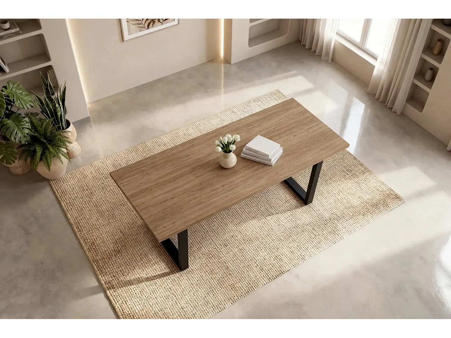 NEVA - Table à manger rectangulaire 180cmpieds en métal noir - Chêne clair