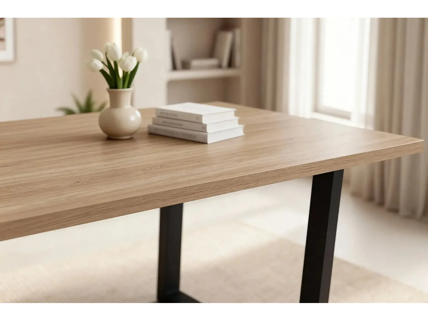 NEVA - Table à manger rectangulaire 180cmpieds en métal noir - Chêne clair