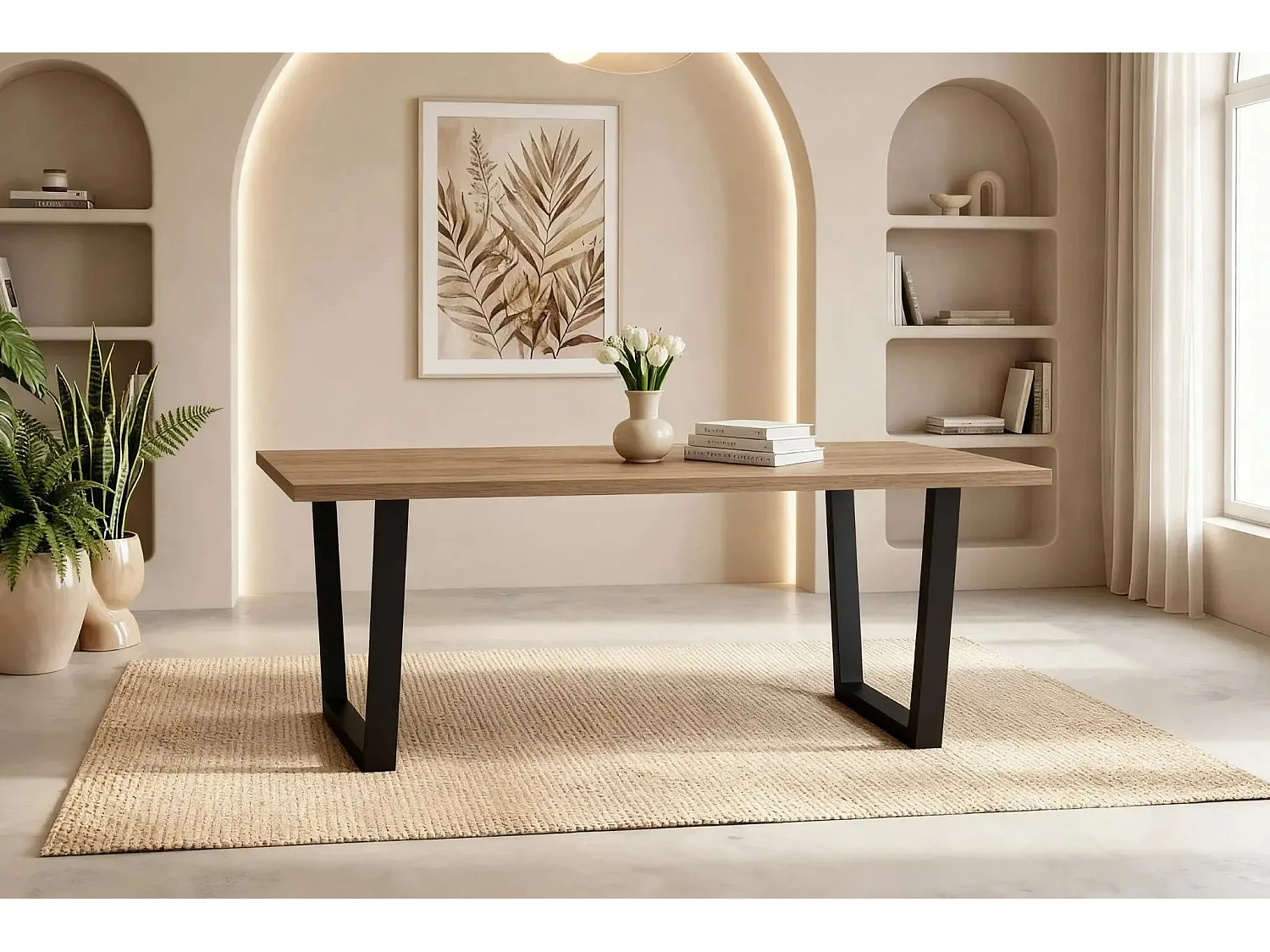 NEVA - Table à manger rectangulaire 180cmpieds en métal noir - Chêne clair
