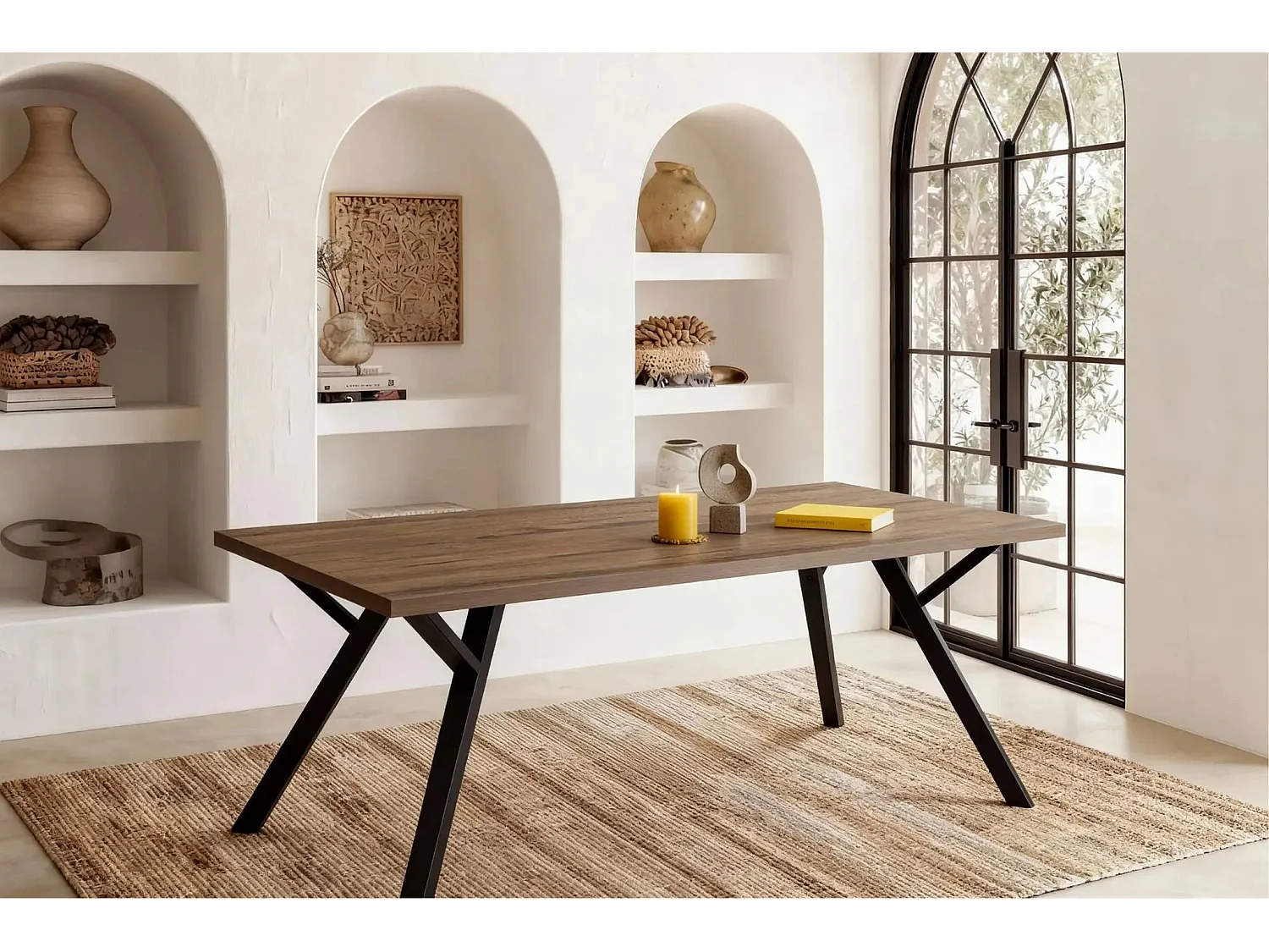 CALA - Table à manger rectangulaire 160cmpieds en métal noir - Chêne foncé