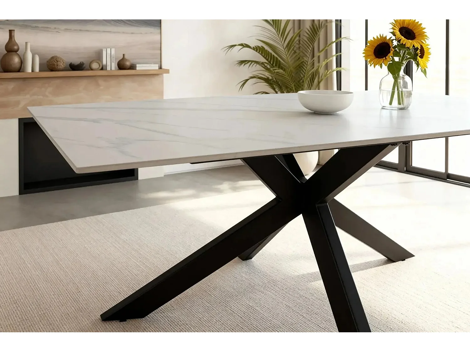 RAMI - Table à manger rectangulaire 180cmpieds en métal noir - Blanc