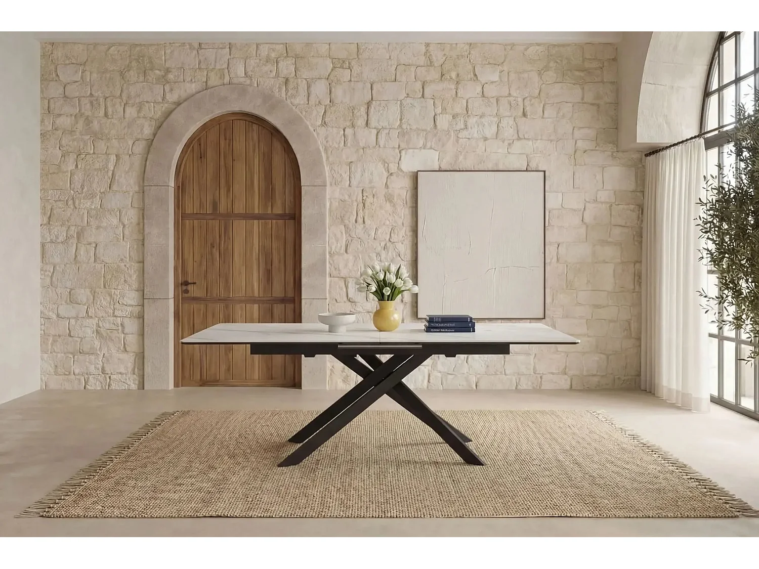 AVA - Table à manger rectangulaire extensible 160 à 200cm en céramique - Blanc