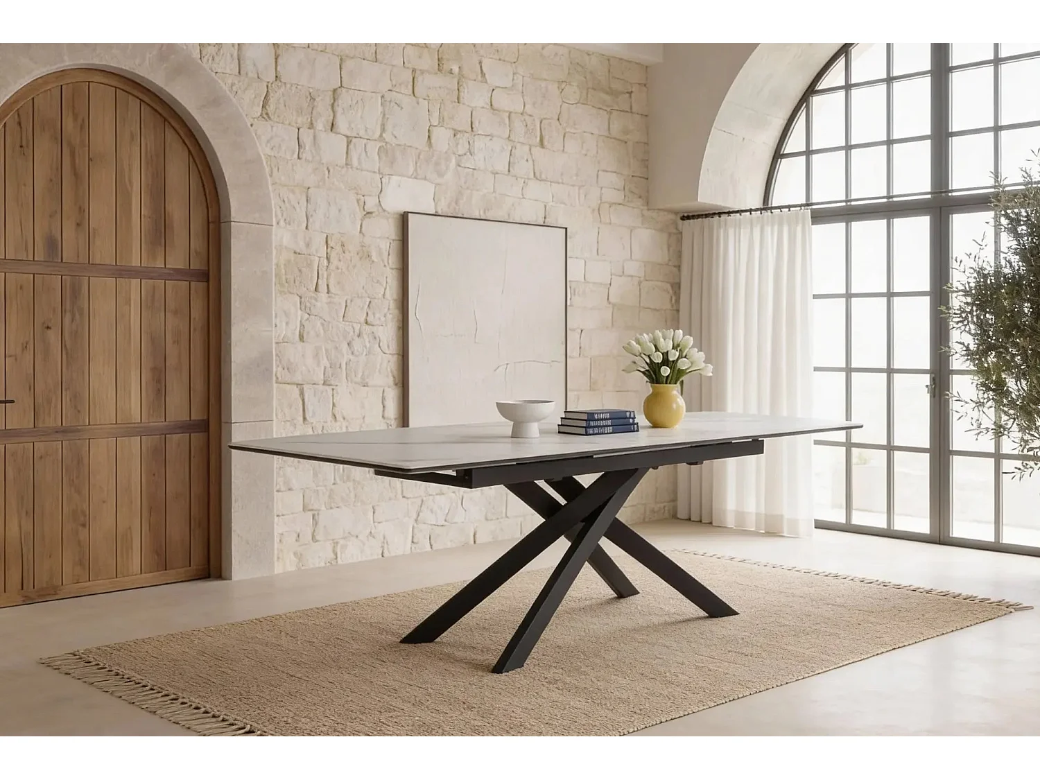 AVA - Table à manger rectangulaire extensible 160 à 200cm en céramique - Blanc