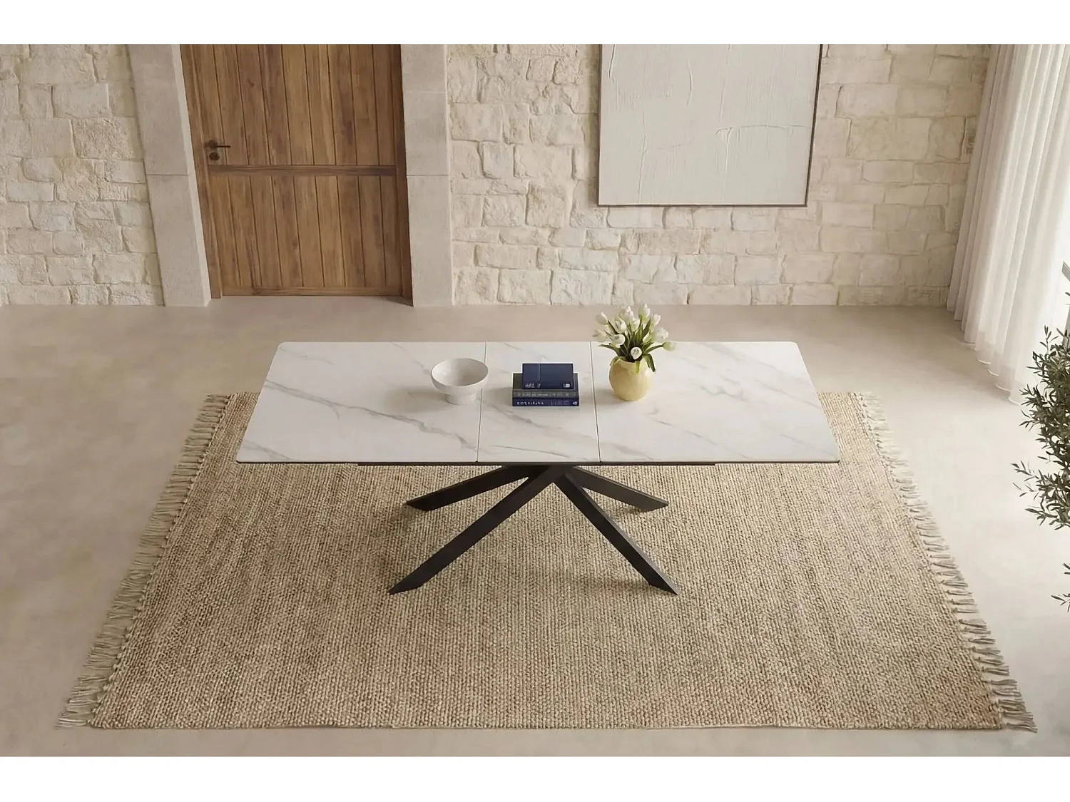 AVA - Table à manger rectangulaire extensible 160 à 200cm en céramique - Blanc