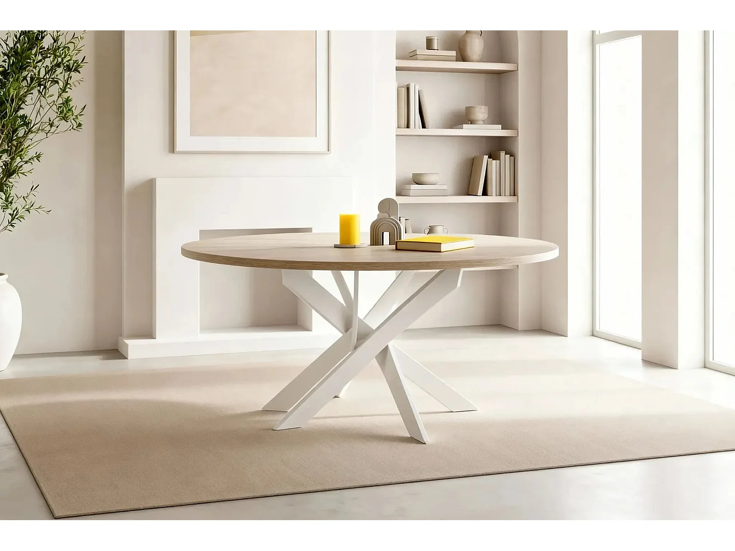 MINOA - Table à manger ronde 120cmpieds en métal - Blanc