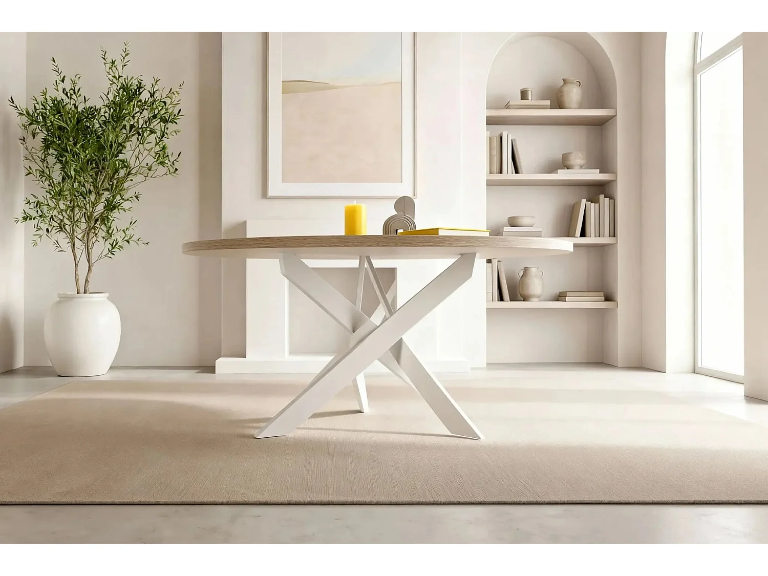 MINOA - Table à manger ronde 120cmpieds en métal - Blanc