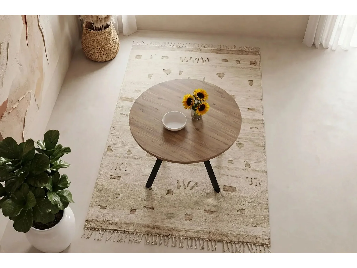 ILOA - Table à manger ronde 120cmpieds en métal noir - Chêne clair