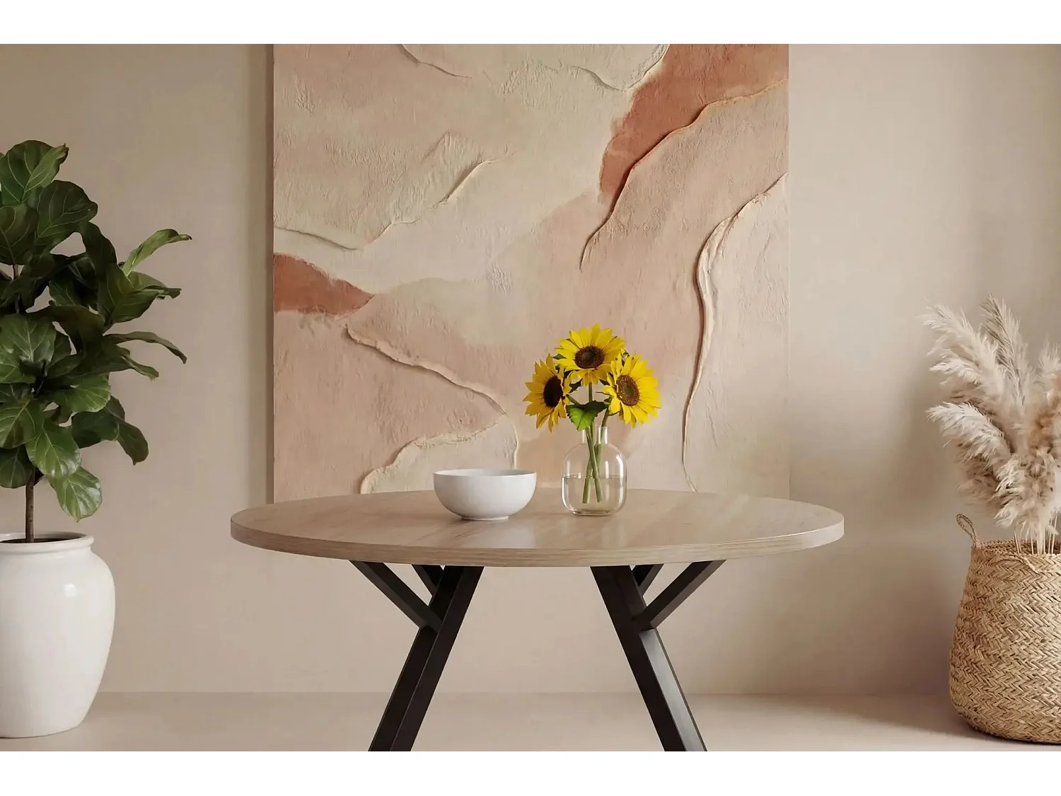 ILOA - Table à manger ronde 120cmpieds en métal noir - Chêne clair
