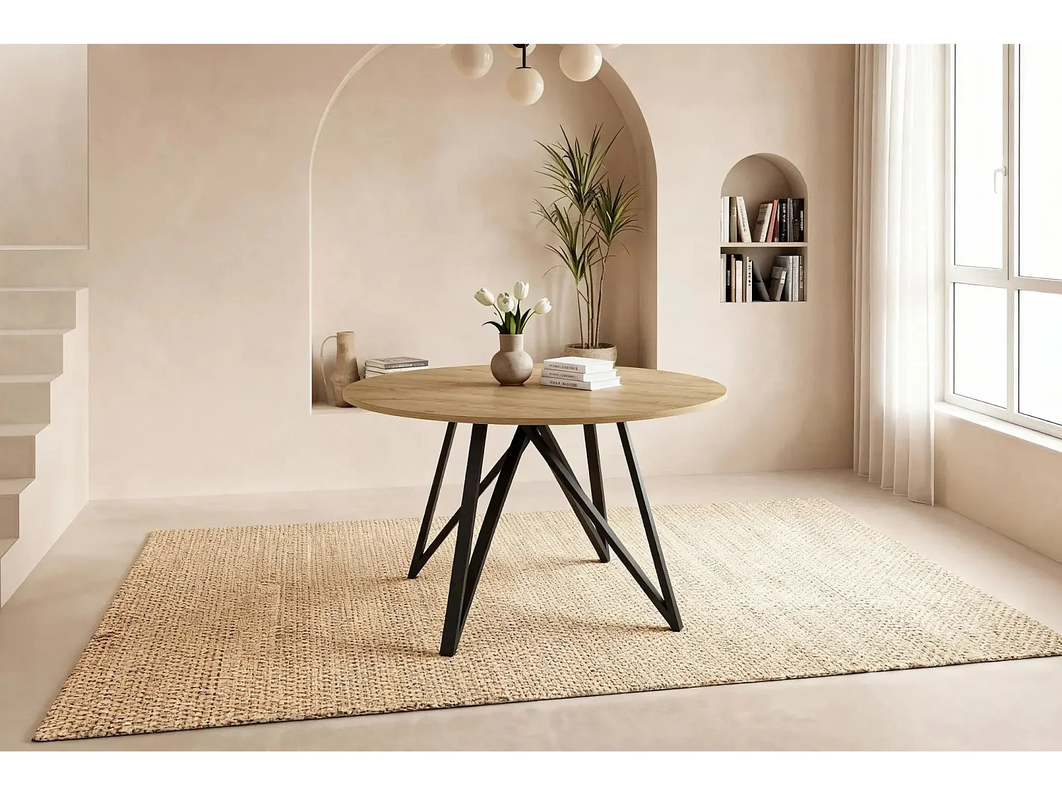 DEVA - Table à manger ronde - 120cmpieds en métal noir - Chêne clair