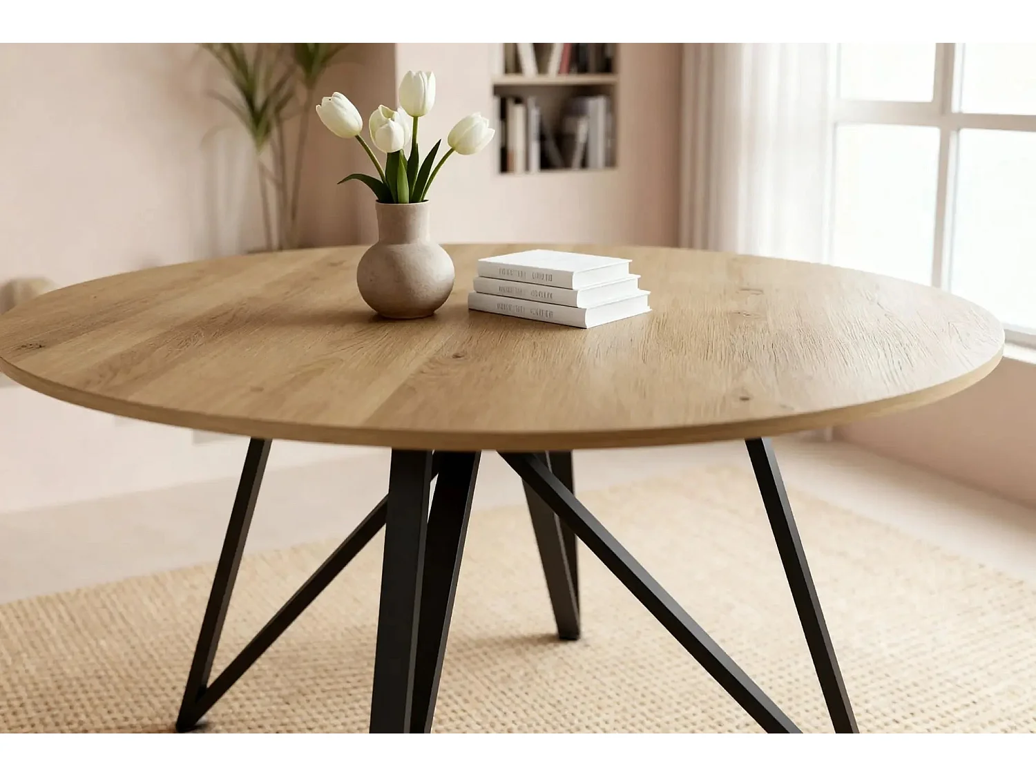 DEVA - Table à manger ronde - 120cmpieds en métal noir - Chêne clair