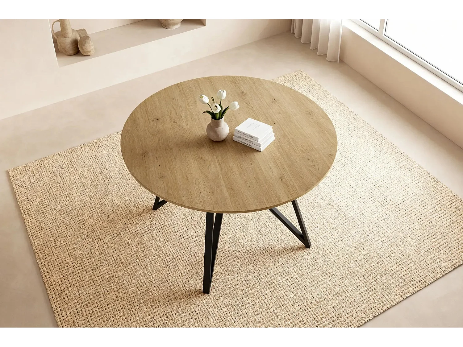 DEVA - Table à manger ronde - 120cmpieds en métal noir - Chêne clair
