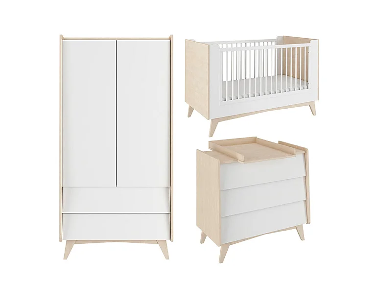 Chambre complète lit évolutif 70x140 commode à langer et armoire 2 portes Bellamy So Sixty Blanc et bois