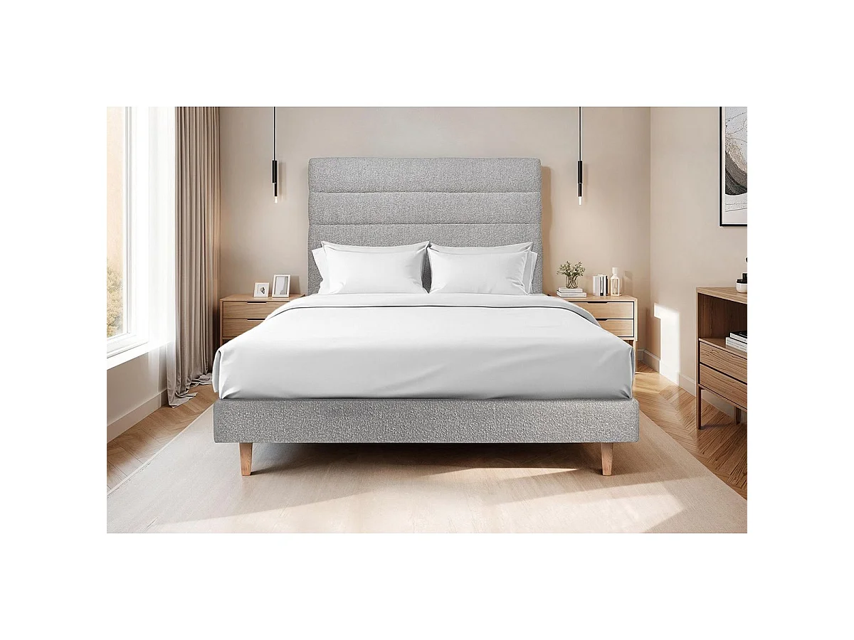 Lit 140x190cm avec tête de lit lignes bouclette et sommier tapissier gris - Hauteur totale : 29cm
