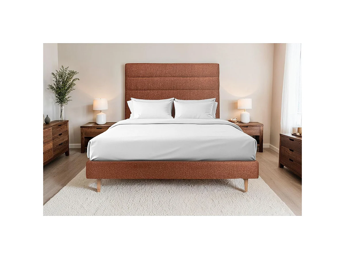 Lit 140x190cm avec tête de lit lignes bouclette et sommier tapissier terracotta - Hauteur totale : 29cm