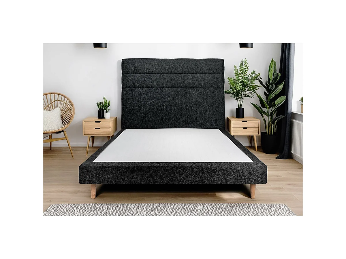 Lit 140x190cm avec tête de lit lignes bouclette et sommier tapissier Noir - Hauteur totale : 29cm
