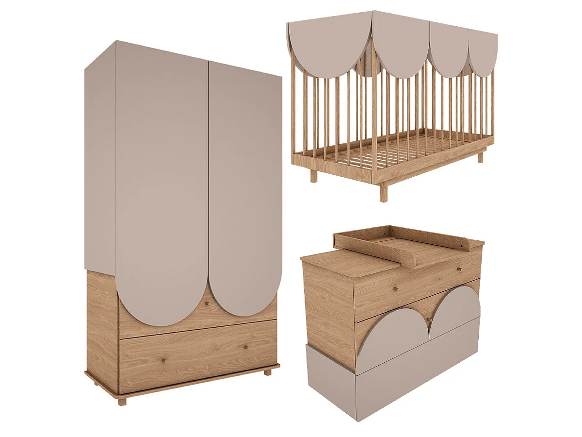Chambre complète lit évolutif 70x140 commode à langer et armoire 2 portes 2 tiroirs Wood Luck Bloom Cachemire et Bois