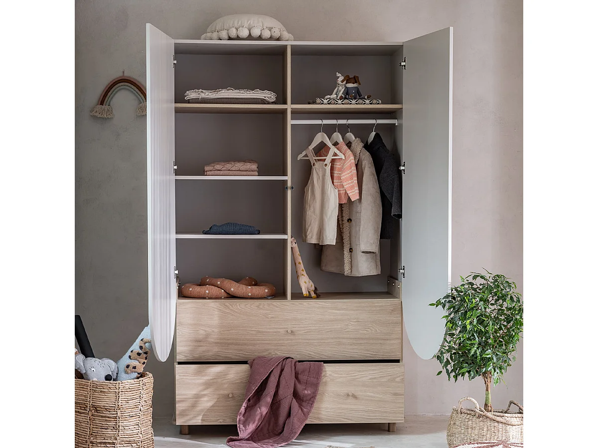 Lit évolutif 70x140 et armoire 2 portes 2 tiroirs Wood Luck Bloom Cachemire et Bois