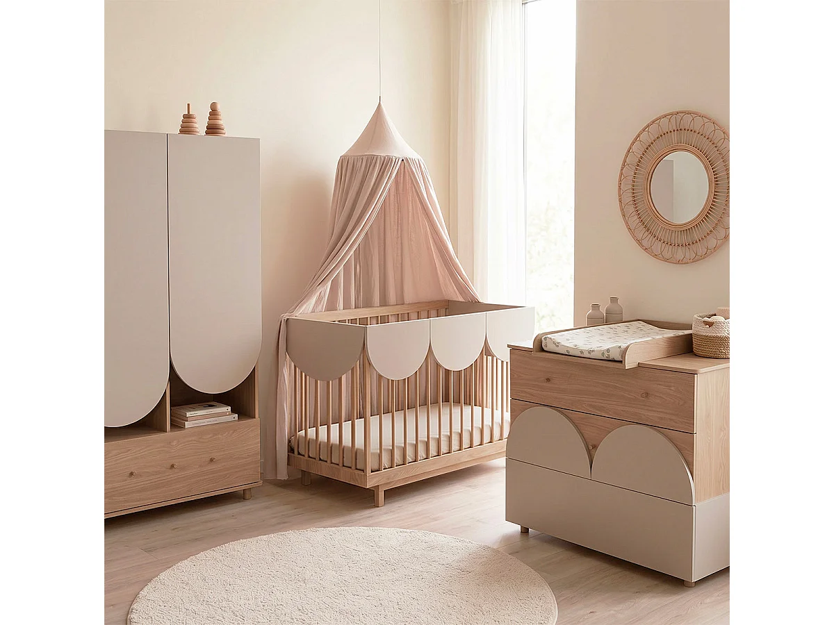 Lit évolutif 70x140 et commode 3 tiroirs Wood Luck Bloom Cachemire et Bois