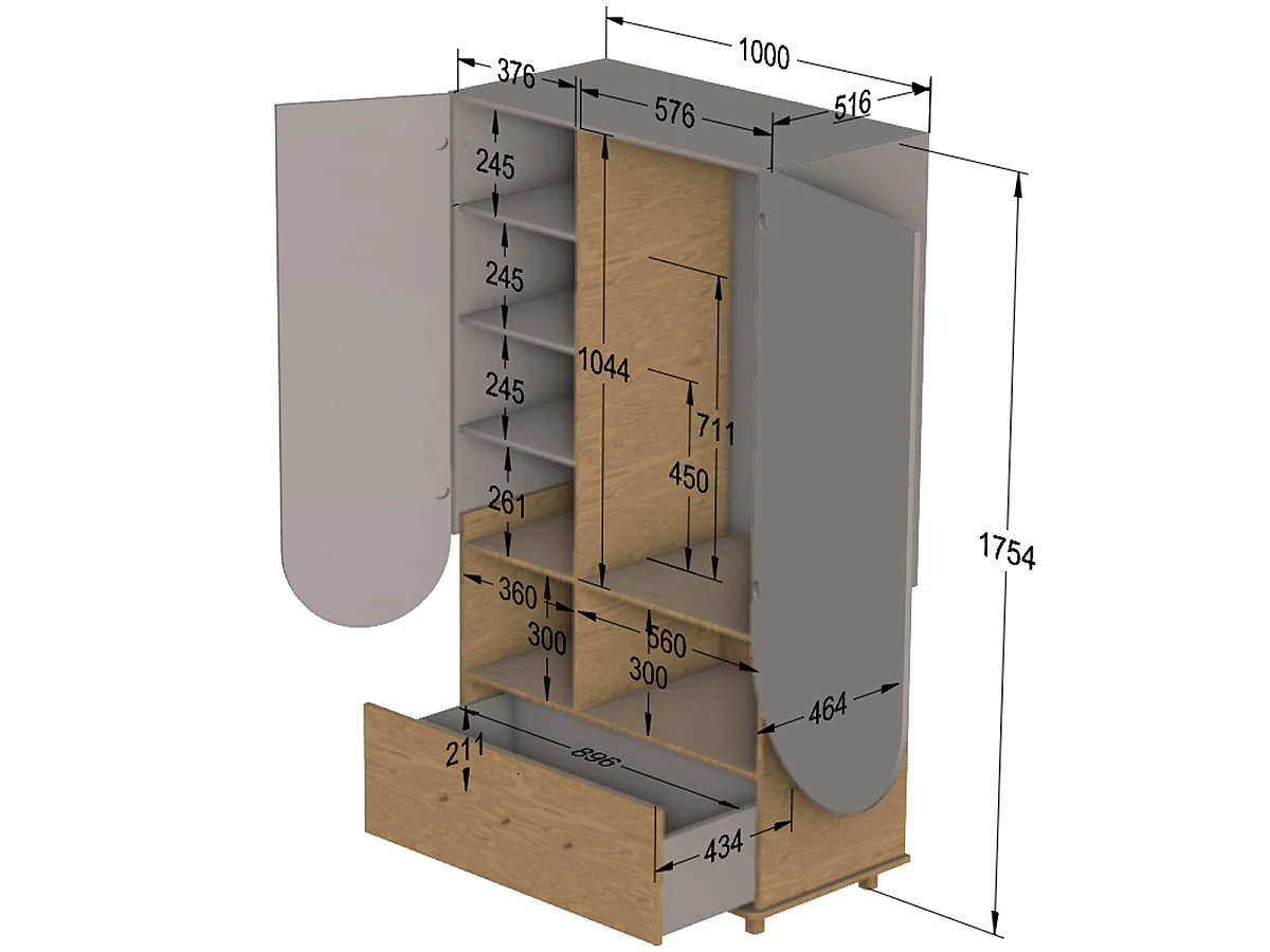 Lit évolutif 70x140 et armoire 2 portes 1 tiroir Wood Luck Bloom Cachemire et Bois