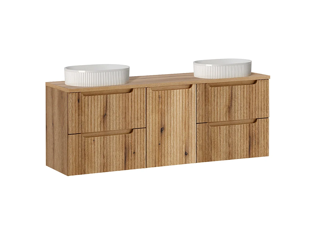 160-cm Double-Sink Vanity Set with Laundry Basket and Riva Wood Tall Cabinet