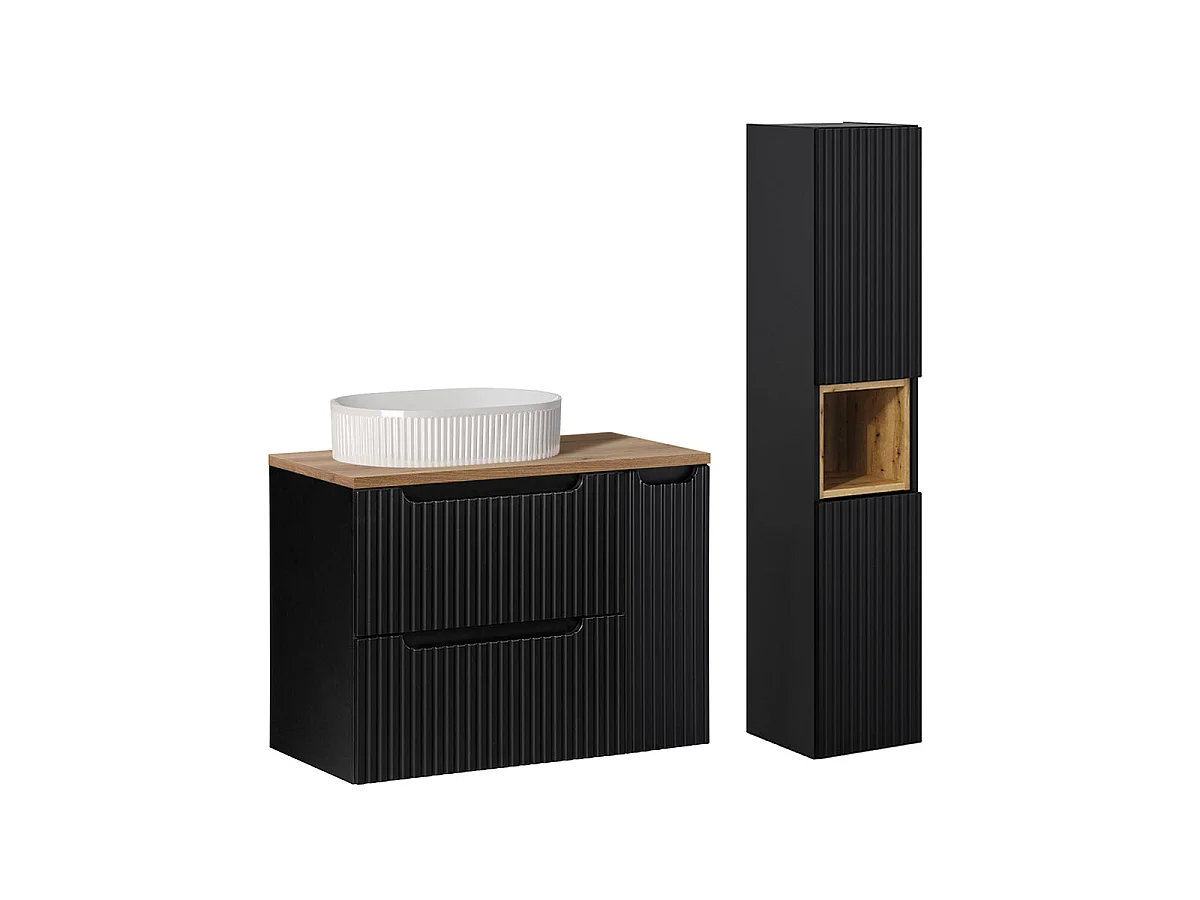 80cm Single-Sink Vanity Set with 2 Drawers 1 Door and Tall Cabinet Riva Black and Wood