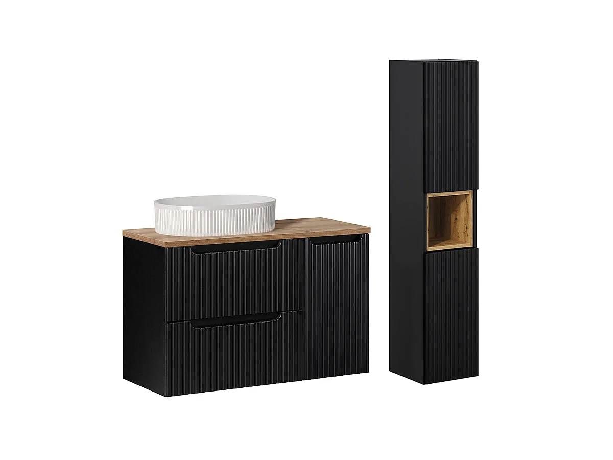 90cm Single-Sink Vanity Set with 2 Drawers 1 Door and Tall Cabinet Riva Black and Wood
