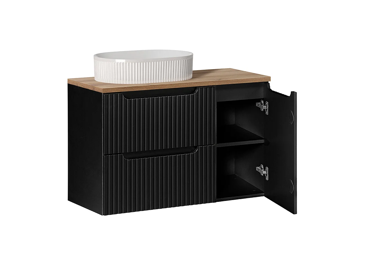 90cm Single-Sink Vanity Set with 2 Drawers 1 Door and Tall Cabinet Riva Black and Wood