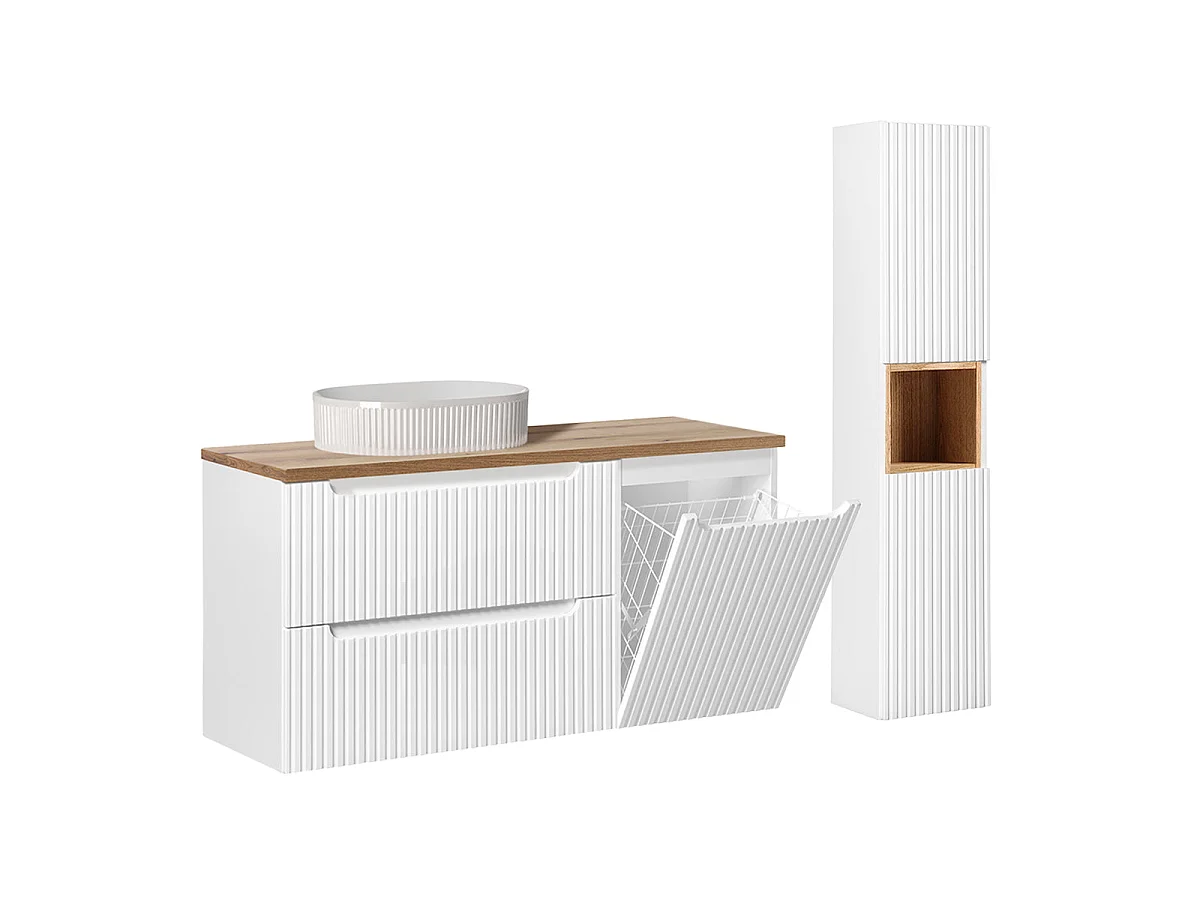 120-cm Single-Sink Vanity Set with Laundry Basket, 2 Drawers, and Tall Cabinet in Riva White and Wood