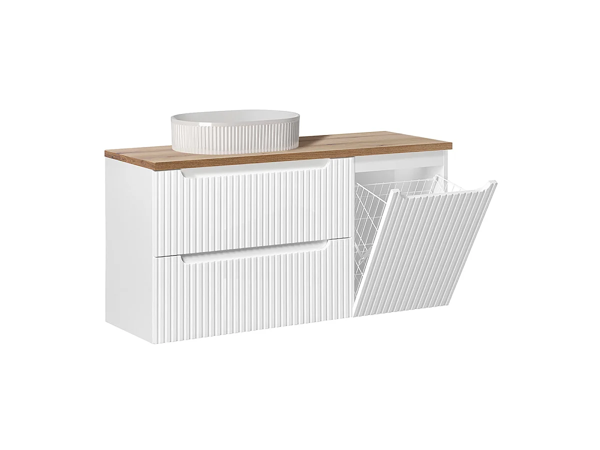 120-cm Single-Sink Vanity Set with Laundry Basket, 2 Drawers, and Tall Cabinet in Riva White and Wood
