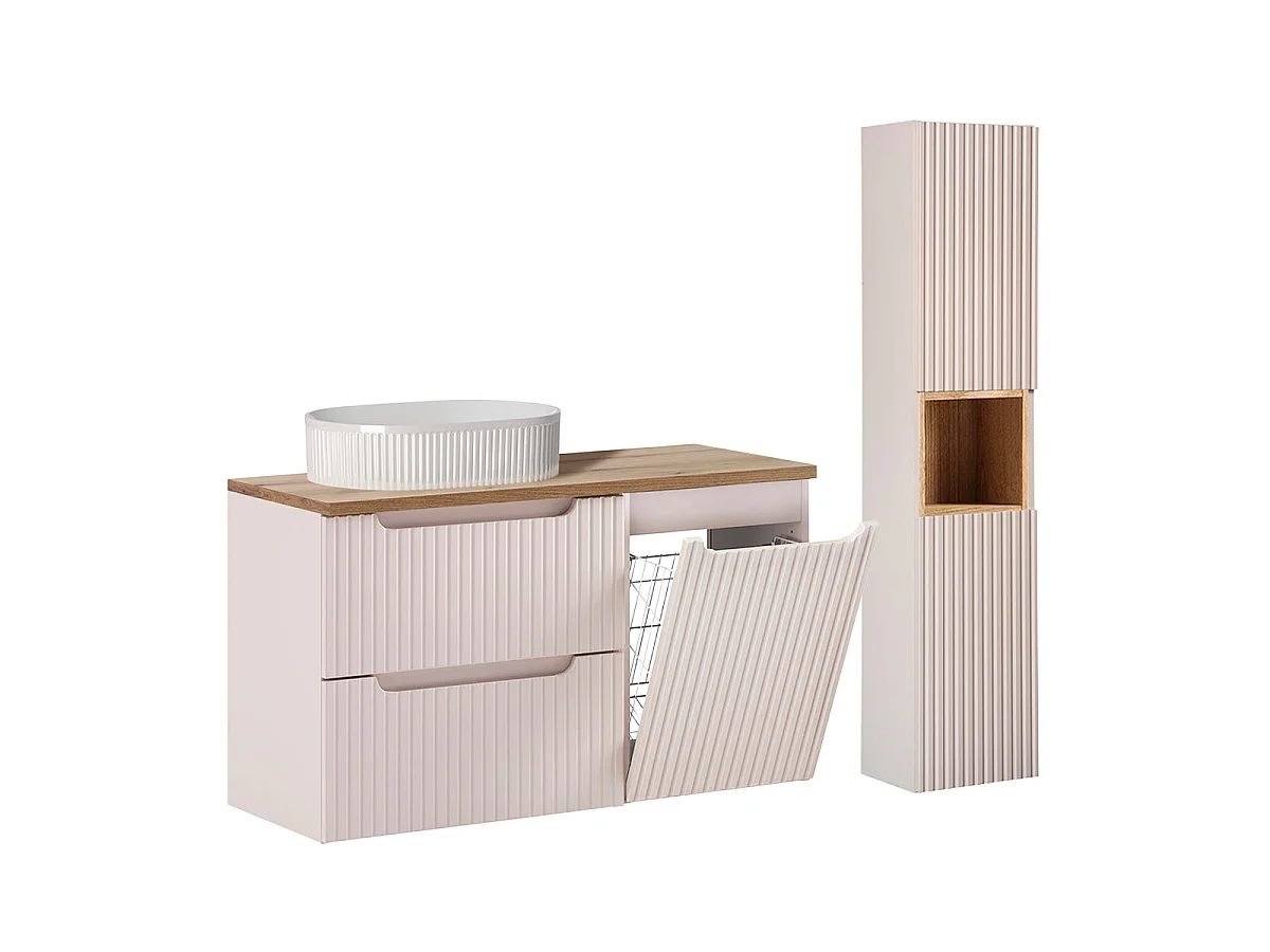 Riva 100-cm Single-Sink Vanity Set with Laundry Basket, 2 Drawers, and Tall Cabinet in Cashmere and Wood