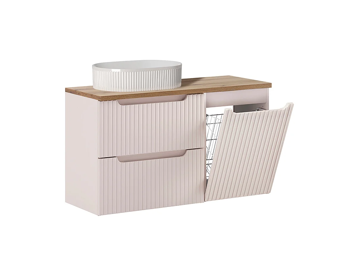 Riva 100-cm Single-Sink Vanity Set with Laundry Basket, 2 Drawers, and Tall Cabinet in Cashmere and Wood