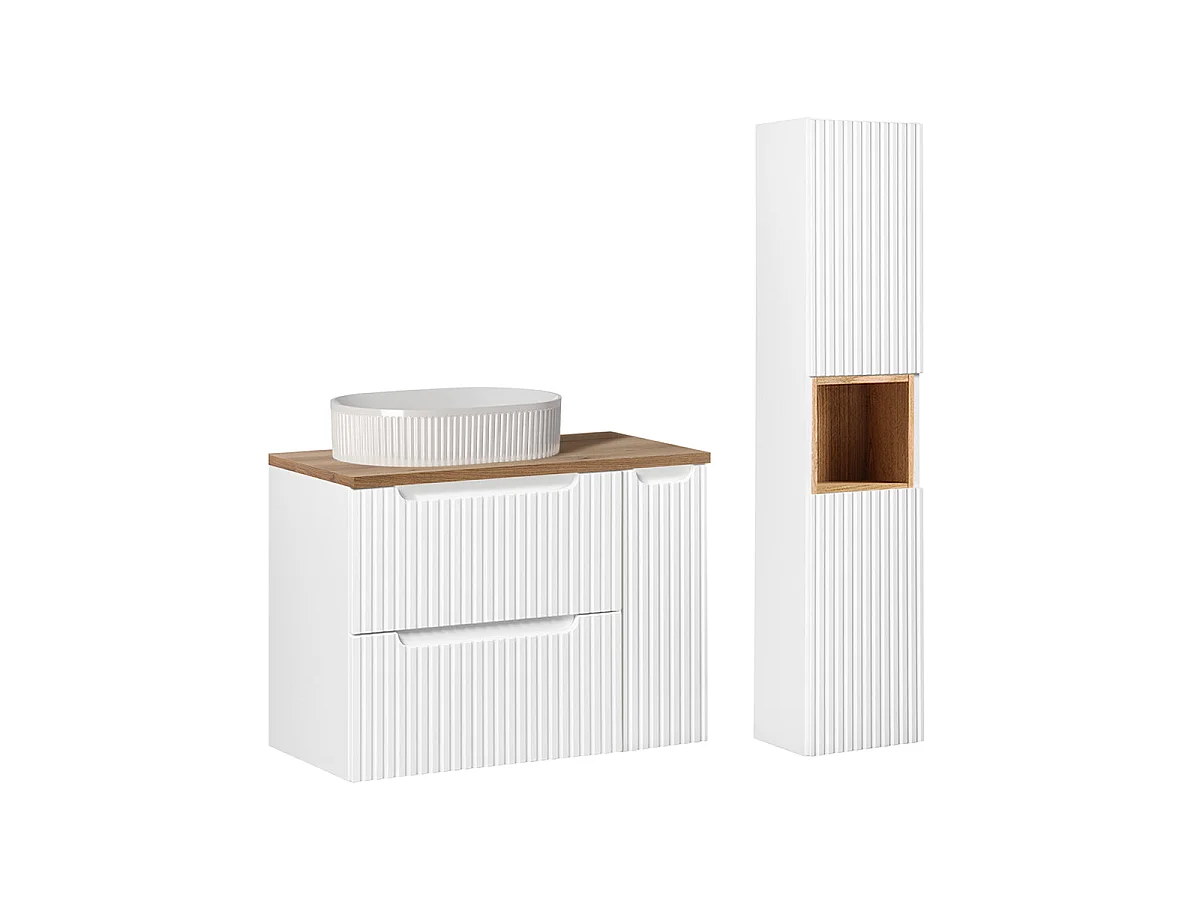 Riva White and Wood 80-cm Single-Sink Vanity Set with 2 Drawers, 1 Door, and Tall Cabinet
