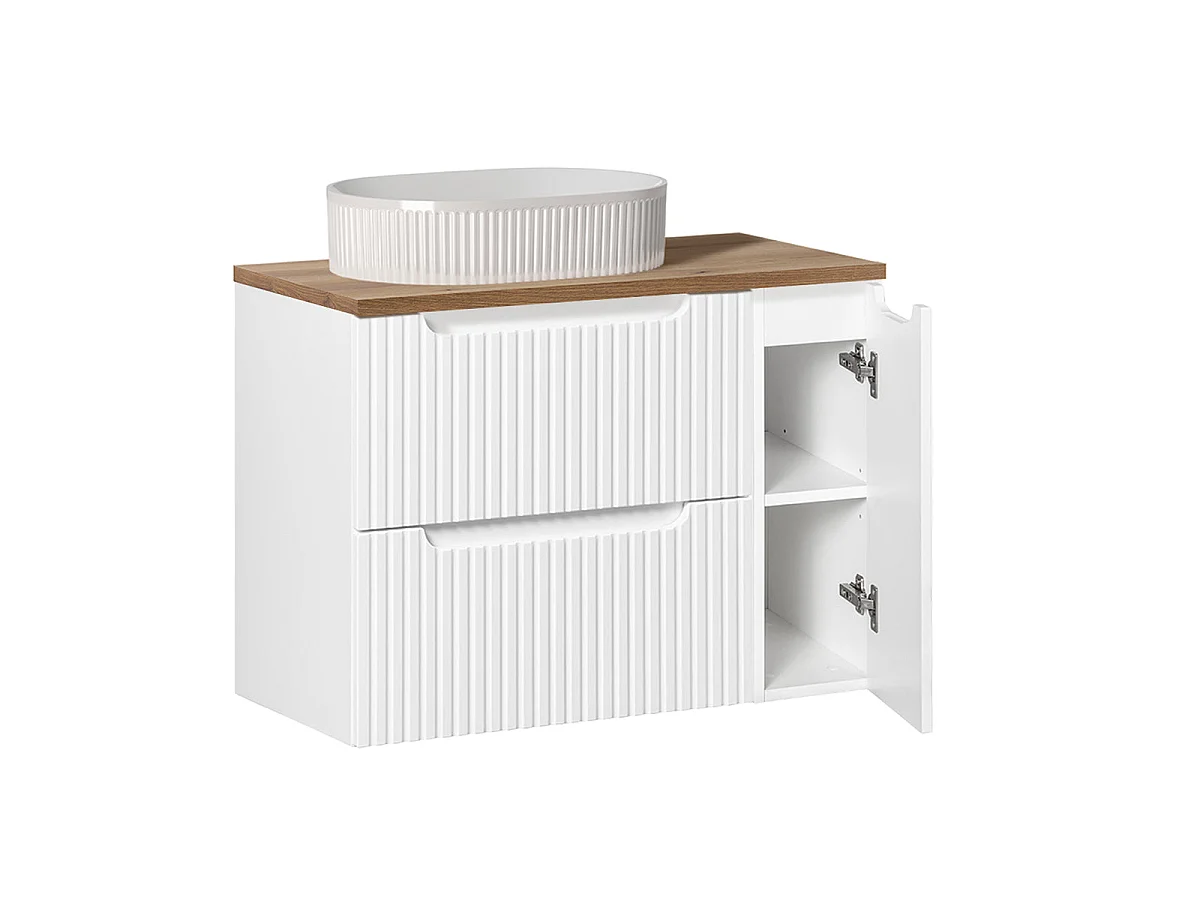 Riva White and Wood 80-cm Single-Sink Vanity Set with 2 Drawers, 1 Door, and Tall Cabinet