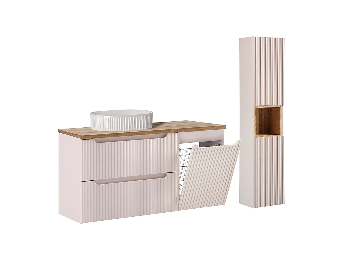 Ensemble meuble simple vasque 120cm panier à linge 2 tiroirs et colonne Riva Cachemire et Bois