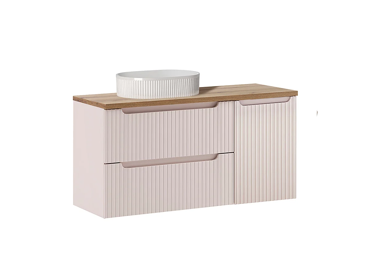 Ensemble meuble simple vasque 120cm panier à linge 2 tiroirs et colonne Riva Cachemire et Bois
