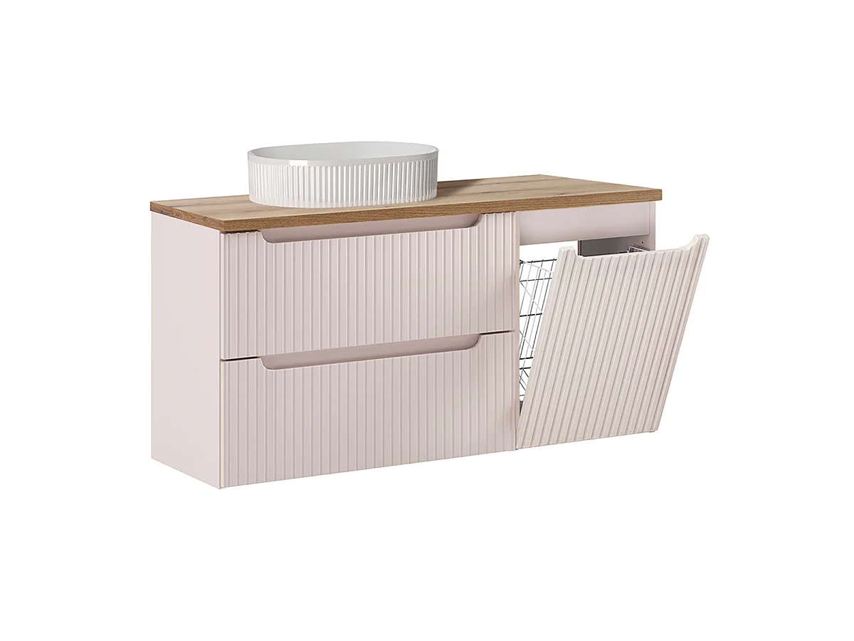Ensemble meuble simple vasque 120cm panier à linge 2 tiroirs et colonne Riva Cachemire et Bois
