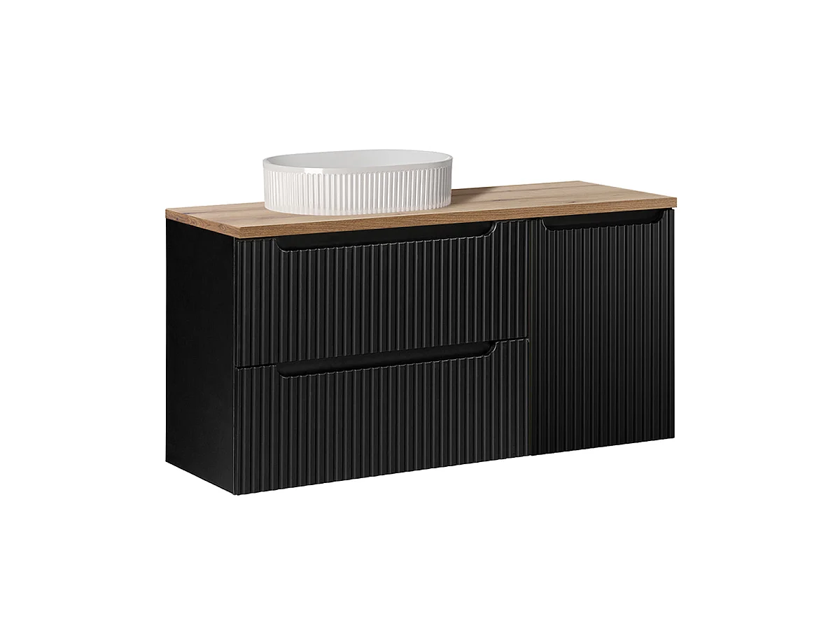Wastafelmeubel met enkele wasbak, 120 cm, wasmand en 2 lades, Riva, zwart en hout