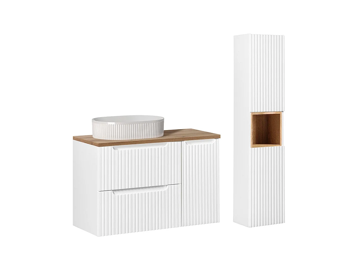 Riva White and Wood 90-cm Single-Sink Vanity Set with 2 Drawers, 1 Door, and Tall Cabinet